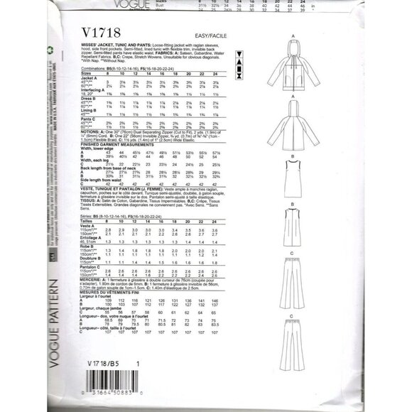 Vogue V1718 Misses 16 to 24 Jacket, Tunic and Pants Uncut Sewing Pattern - Picture 2 of 2